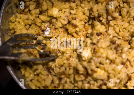 Homemade cheese spaetzle with fried onions and alpine cheese lie plated on the Filzmoosalm near Großarl, Salzburg, Austria, ready to serve. A fork rests in the golden-brown mixture of spaetzle, cheese and onions. ## Salzburg2 Batch 06 (` EM 0215` bis ` EM 0369`, 23 Bilder) Stock Photo